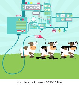 Machinery of factory refining oil. Gas pump dirty the cattle. Cattle formed by dairy cows.