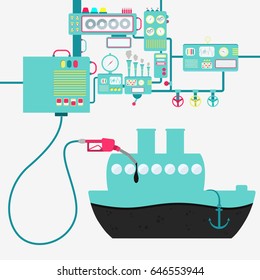Machinery of factory refining oil and refueling a ship. Ship shape being filled by a oil with gas pump.