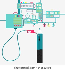 Machinery of factory refining oil and refueling a pencil. Pencil shape being filled by a oil with gas pump.