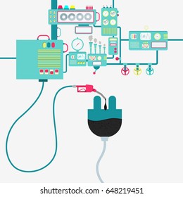 Machinery of factory refining oil and refueling a plug. Plug filled by a oil with gas pump.