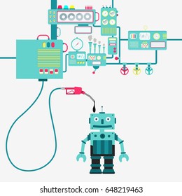 Machinery of factory refining oil and refueling a robot. Robot being filled by a oil with gas pump.