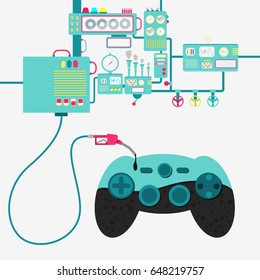Machinery of factory refining oil and refueling a gamepad. Gamepad being filled by a oil with gas pump.