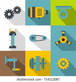 Machinery gear icon set. Flat style set of 9 machinery gear vector icons for web design
