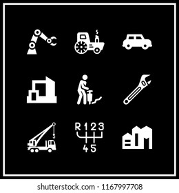 machinery icon. 9 machinery vector set. automobile, excavator machine arm, gearbox and factory icons for web and design about machinery theme