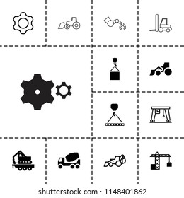 Machinery icon. collection of 13 machinery filled and outline icons such as concrete mixer, excavator, hook with cargo. editable machinery icons for web and mobile.