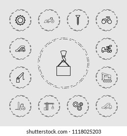 Machinery icon. collection of 13 machinery outline icons such as gear, truck crane, screw, tractor, crane, excavator. editable machinery icons for web and mobile.