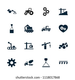 Machinery icon. collection of 16 machinery filled icons such as excavator, hook with cargo, cargo crane, gear heart. editable machinery icons for web and mobile.