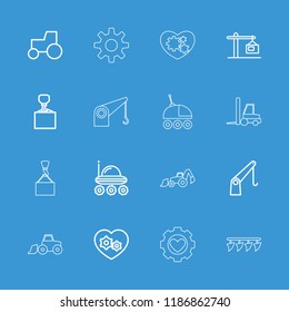 Machinery icon. collection of 16 machinery outline icons such as tractor, hook with cargo, gear heart, cargo crane. editable machinery icons for web and mobile.