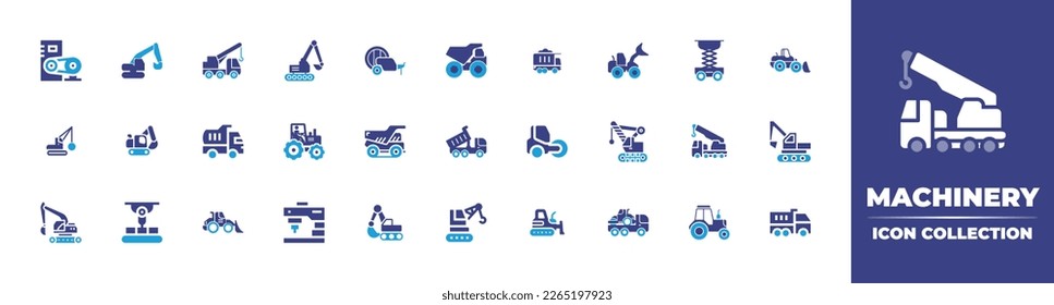 Machinery icon collection. Duotone color. Vector illustration. Containing baler, excavator, crane, machine, dumper truck, tractor, heavy machinery, wrecking ball, excavators, milling machine.