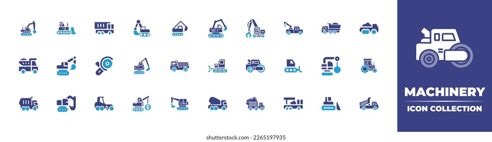 Machinery icon collection. Duotone color. Vector illustration. Containing dump truck, excavator, excavators, bulldozer, backhoe, angle grinder, dumper truck, demolition, grader, truck, tow truck.