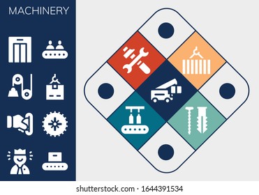 machinery icon set. 13 filled machinery icons. Included Crane, Worker, Conveyor, Insert coin, Gear, Pulley, Lift, Tools, Screw icons