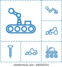 Machinery icon. set of 6 machinery outline icons such as screw, excavator, conveyor and robot arm, tractor