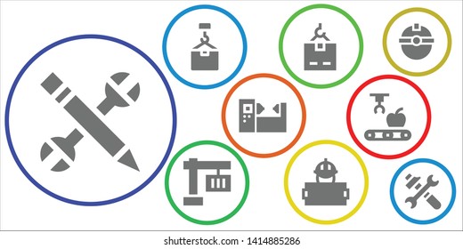 machinery icon set. 9 filled machinery icons.  Simple modern icons about  - Configuration, Crane, Worker, Machine, Mechanical arm, Tools