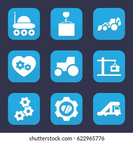 Machinery icon. set of 9 filled machinery icons such as truck crane, tractor, excavator, hook with cargo, heart in gear, gear heart, construction  crane