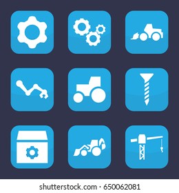 Machinery icon. set of 9 filled machinery icons such as gear, screw, construction crane, excavator, tractor