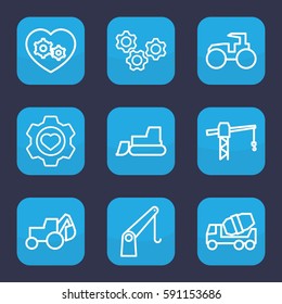 machinery icon. Set of 9 outline machinery icons such as construction crane, concrete mixer, excavator, tractor, heart in gear, cargo crane, gear heart