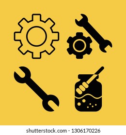 machinery icon set with cogwheel, can of juice and wrench vector illustration