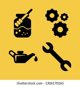 machinery icon set with cogwheels, wrench and can of juice vector illustration