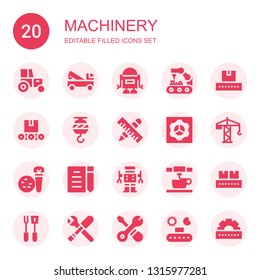 machinery icon set. Collection of 20 filled machinery icons included Tractor, Crane, Robot, Robot arm, Conveyor, Tools, Preferences, Draft, d printing, Cogwheel