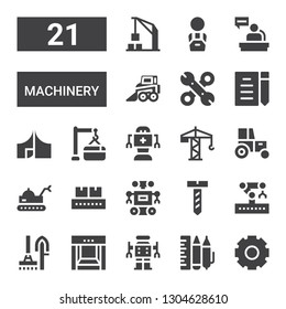 machinery icon set. Collection of 21 filled machinery icons included Cogwheel, Design tool, Robot, Conveyor, Tools, Robotic arm, Screw, Tractor, Crane, Maintenance, Tool, Draft