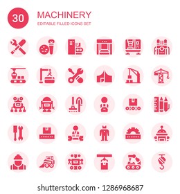 machinery icon set. Collection of 30 filled machinery icons included Tools, Conveyor, Press machine, Maintenance, Tool, Harbor crane, Robot, Worker, Cogwheel, Machine, Crane, Design tool