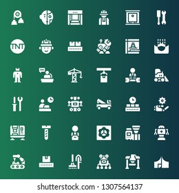 machinery icon set. Collection of 36 filled machinery icons included Tool, Robot, Tools, Conveyor, Robot arm, Machine, Preferences, Worker, Screw, Press machine, Crane, Bulldozer
