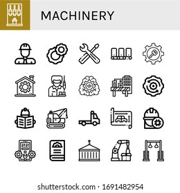 machinery icon set. Collection of Machine, Engineer, Cogwheel, Tools, Conveyor, Gear, Worker, Construction site, Machinery, Tow truck, Blueprint, Configuration, Crane, Robotic arm icons