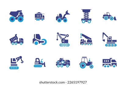 Machinery icon set. Duotone color. Vector illustration. Containing dumper truck, loader, scissor lift, tipper, road roller, demolition crane, crane truck, excavator, crane, bulldozer, tractor.