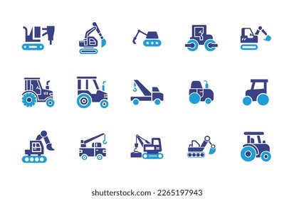 Machinery icon set. Duotone color. Vector illustration. Containing drilling, excavator, roller, tractor, crane, crane truck.