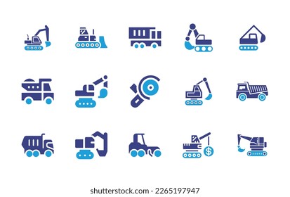 Symbol für Maschinen Duotonfarbe. Vektorgrafik. Mit Bulldozer, Müllwagen, Bagger, Bagger, Winkelschleifer, Rücken, Müllwagen, Grader, Abriss.