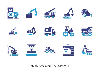 Machinery icon set. Duotone color. Vector illustration. Containing machine, excavator, crane, baler, wrecking ball, heavy machinery, tractor, dumper truck, machinery, bulldozer, milling machine.