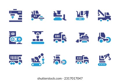 Machinery icon set. Duotone color. Vector illustration. Containing milling machine, asphalt, bulldozer, drilling, crane, machine, machinery, heavy machinery, paver, road roller, dumper truck.