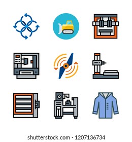 machinery icon set. vector set about coat, bulldozer, industrial robot and airscrew icons set.