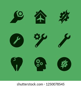 machinery icon. machinery vector icons set gear head, wrench, plane hangar and tooth broke
