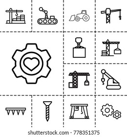 Machinery icons. set of 13 editable outline machinery icons such as construction crane, screw, crane, hook with cargo, plowing tool, heart in gear, gear