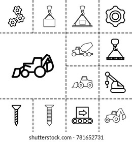 Machinery icons. set of 13 editable outline machinery icons such as screw, excavator, crane, hook with cargo, gear, conveyor