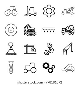 Machinery icons. set of 16 editable outline machinery icons such as gear, concrete mixer, tractor, hook with cargo, plowing tool, cargo crane, construction  crane