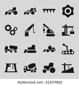 Machinery icons set. set of 16 machinery filled icons such as construction crane, concrete mixer, excavator, tractor, crane, plowing tool, gear