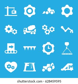 Machinery icons set. set of 16 machinery filled icons such as truck crane, concrete mixer, excavator, hook with cargo, plowing tool, cargo crane, gear heart