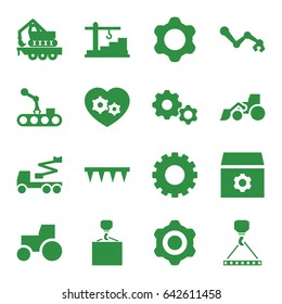 Machinery icons set. set of 16 machinery filled icons such as gear, excavator, tractor, crane, hook with cargo, plowing tool, cargo crane, gear heart, construction  crane