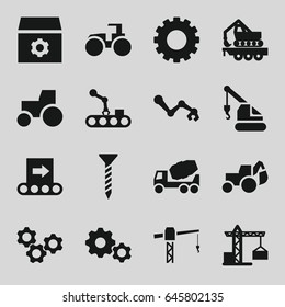 Machinery icons set. set of 16 machinery filled icons such as gear, construction crane, screw, concrete mixer, excavator, tractor, crane, cargo crane, conveyor