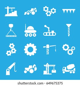 Machinery icons set. set of 16 machinery filled icons such as gear, construction crane, screw, concrete mixer, excavator, hook with cargo, plowing tool, cargo crane