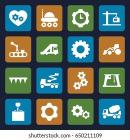 Machinery icons set. set of 16 machinery filled icons such as gear, truck crane, concrete mixer, excavator, crane, hook with cargo, plowing tool, gear heart