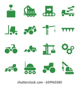 Machinery icons set. set of 16 machinery filled icons such as construction crane, excavator, tractor, crane, hook with cargo, plowing tool, cargo crane, gear