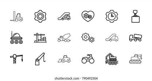 Machinery icons. set of 18 editable outline machinery icons: truck crane, construction crane, tractor, concrete mixer, hook with cargo, gear heart, gear, gear clock