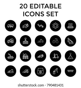 Machinery icons. set of 20 editable outline machinery icons such as truck crane, gear, concrete mixer, excavator, tractor. best quality machinery elements in trendy style.