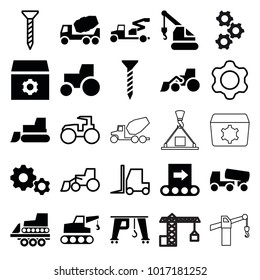Machinery icons. set of 25 editable filled and outline machinery icons such as gear, screw, concrete mixer, excavator, tractor, crane, conveyor, construction crane