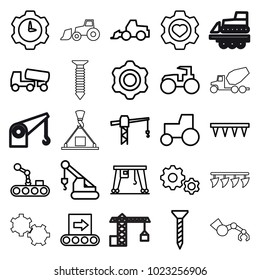 Machinery icons. set of 25 editable outline machinery icons such as screw, construction crane, excavator, tractor, crane, concrete mixer, plowing tool, heart in gear