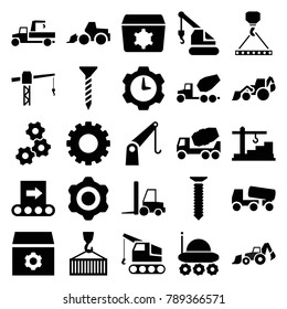 Machinery icons. set of 25 editable filled machinery icons such as gear, screw, construction crane, concrete mixer, excavator, crane, hook with cargo, tractor, cargo on hook