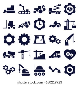 Machinery icons set. set of 25 machinery filled icons such as gear, truck crane, construction crane, excavator, tractor, concrete mixer, heart in gear, conveyor and robot arm
